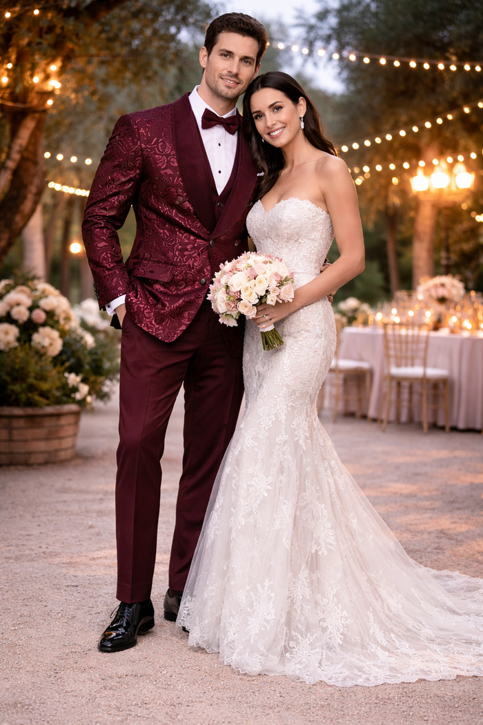 Men's Double Breasted Foil Paisley Dinner Jacket Prom & Wedding Tuxedo in Burgundy