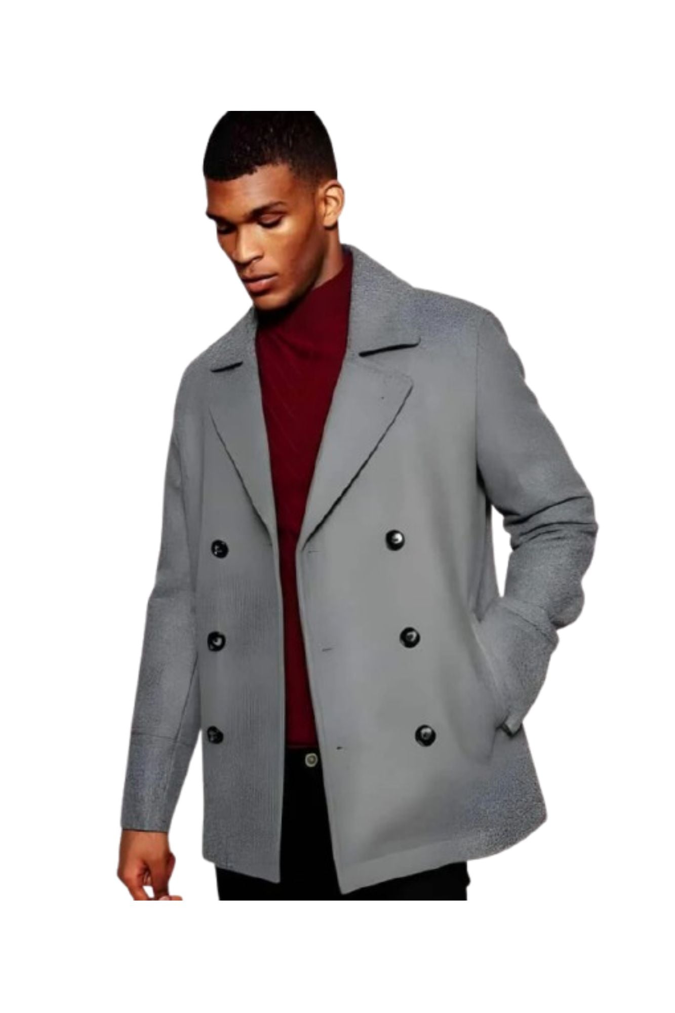 Men's Double Breasted Light Grey ~ Wine Wool Coat - Coat Size 38