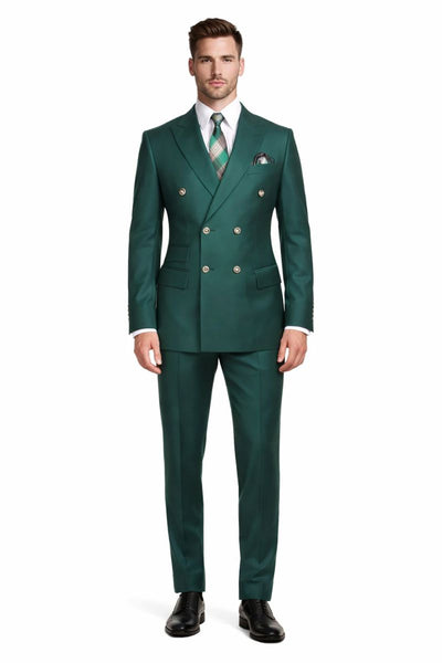 Mens Double breasted Suit - "Hunter Green" 1920s 1980s Style Peak Lapel Suits -Â  Back Side VentedÂ  Mens Designer Modern Fit Double Breasted Wool Suit with Gold Buttons in Hunter Green Green Prom 2026 Suits
