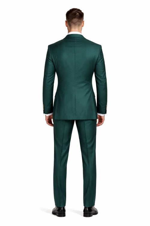 Mens Double breasted Suit - "Hunter Green" 1920s 1980s Style Peak Lapel Suits -Â  Back Side VentedÂ  Mens Designer Modern Fit Double Breasted Wool Suit with Gold Buttons in Hunter Green Green Prom 2026 Suits