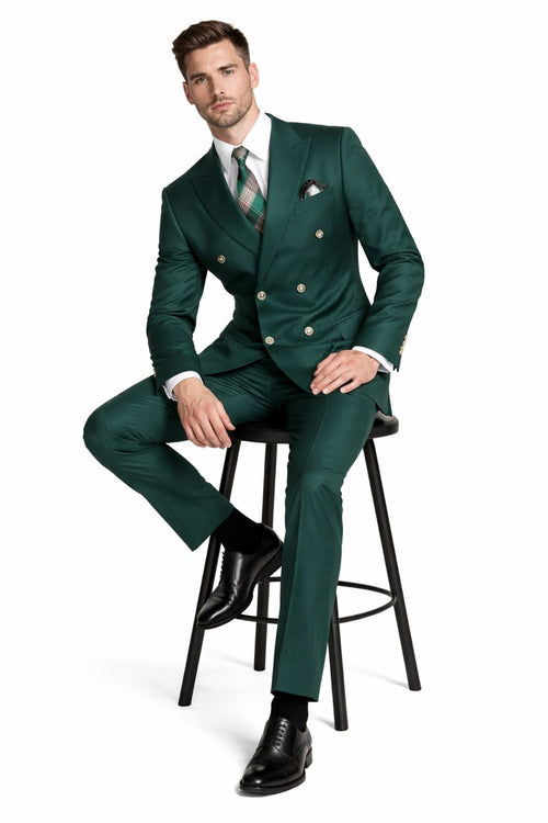 Mens Double breasted Suit - "Hunter Green" 1920s 1980s Style Peak Lapel Suits -Â  Back Side VentedÂ  Mens Designer Modern Fit Double Breasted Wool Suit with Gold Buttons in Hunter Green Green Prom 2026 Suits