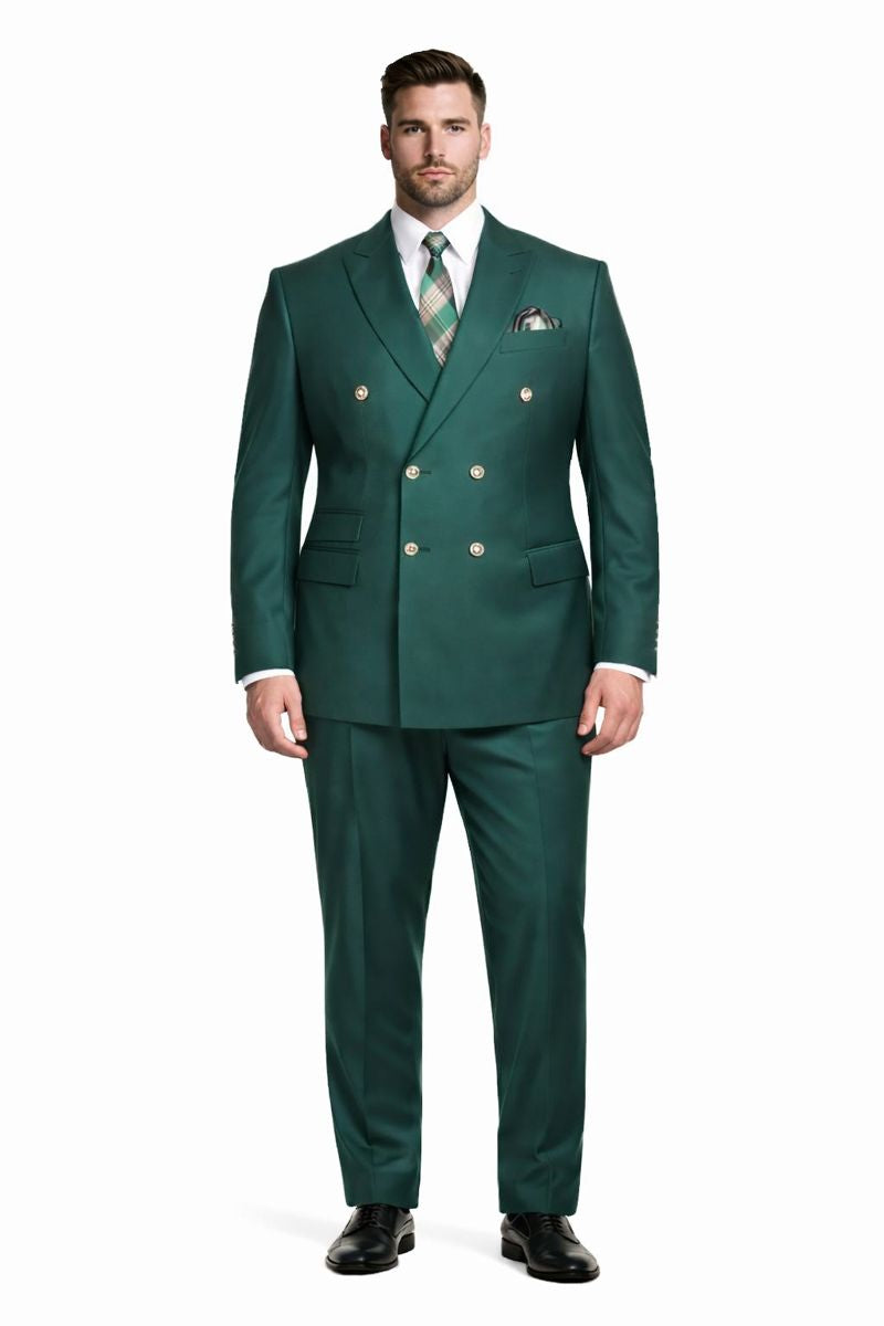 Mens Double breasted Suit - "Hunter Green" 1920s 1980s Style Peak Lapel Suits -  Back Side Vented  Mens Designer Modern Fit Double Breasted Wool Suit with Gold Buttons in Hunter Green Green Prom 2025 Suits - 36 Regular