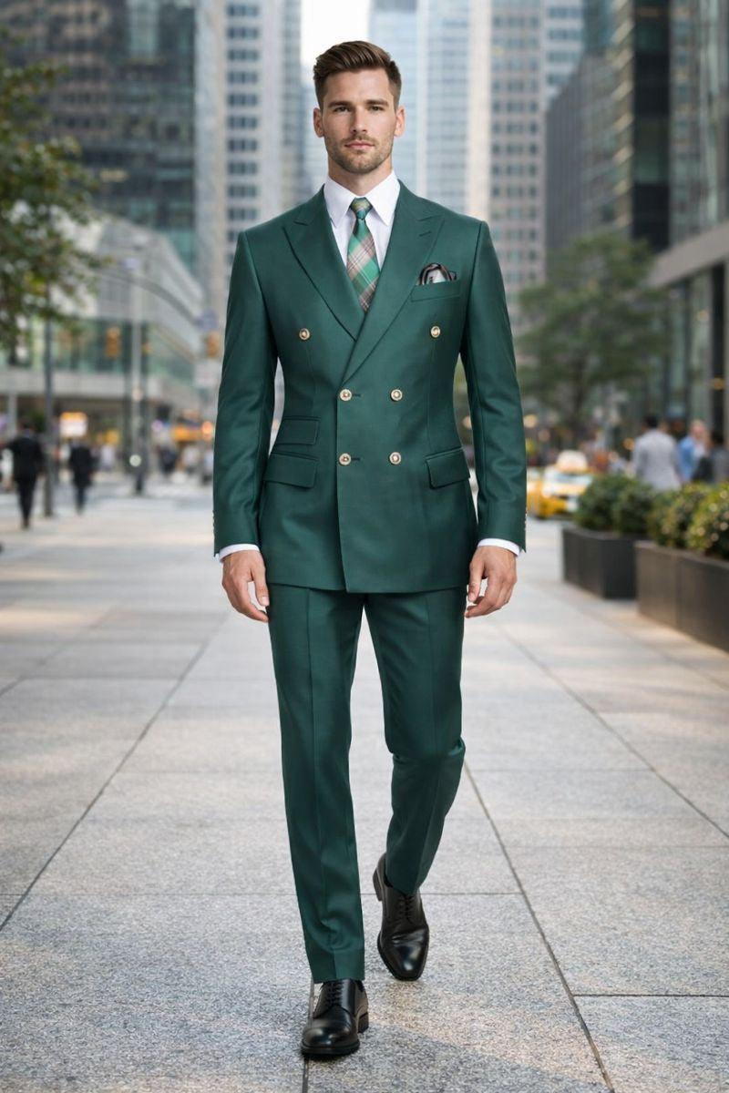 Mens Double breasted Suit - "Hunter Green" 1920s 1980s Style Peak Lapel Suits -  Back Side Vented  Mens Designer Modern Fit Double Breasted Wool Suit with Gold Buttons in Hunter Green Green Prom 2025 Suits - 36 Regular
