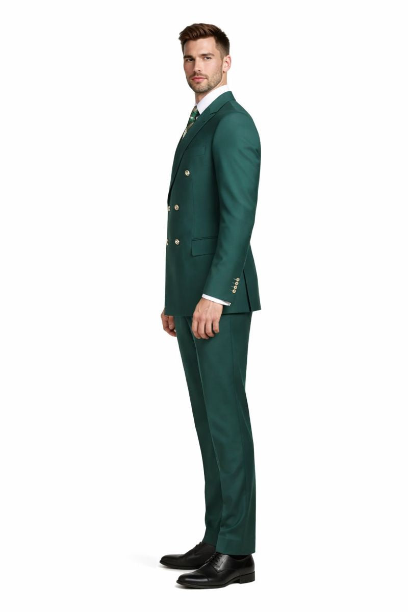 Mens Double breasted Suit - "Hunter Green" 1920s 1980s Style Peak Lapel Suits -  Back Side Vented  Mens Designer Modern Fit Double Breasted Wool Suit with Gold Buttons in Hunter Green Green Prom 2025 Suits - 36 Regular