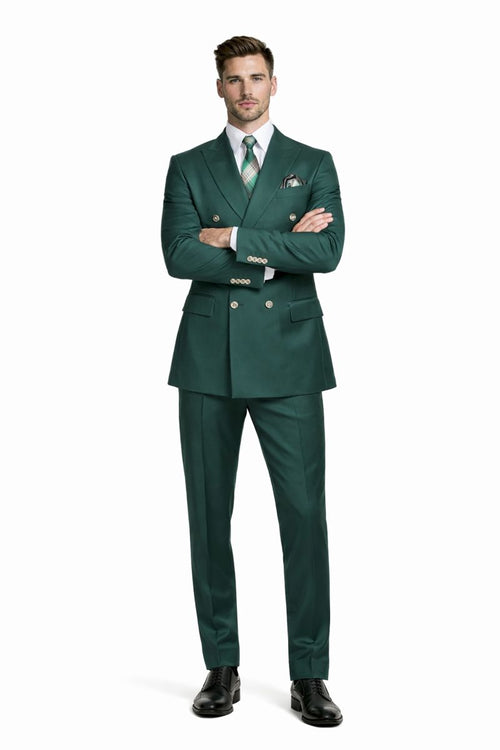 Mens Double breasted Suit - "Hunter Green" 1920s 1980s Style Peak Lapel Suits -Â  Back Side VentedÂ  Mens Designer Modern Fit Double Breasted Wool Suit with Gold Buttons in Hunter Green Green Prom 2026 Suits