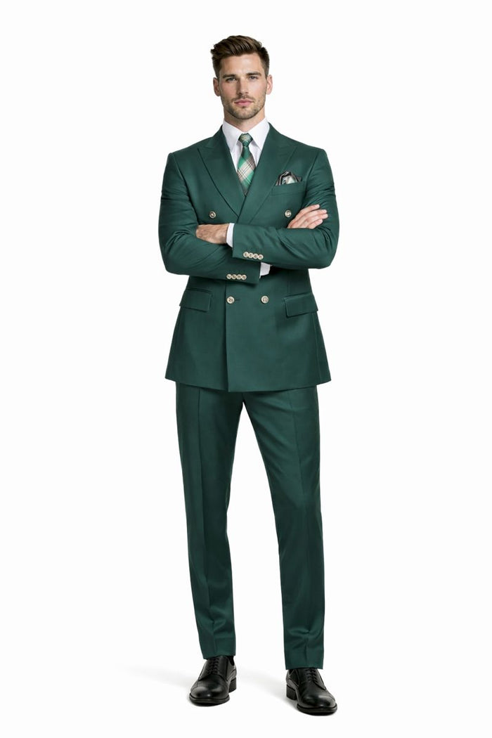 Mens Double breasted Suit - "Hunter Green" 1920s 1980s Style Peak Lapel Suits -Â  Back Side VentedÂ  Mens Designer Modern Fit Double Breasted Wool Suit with Gold Buttons in Hunter Green Green Prom 2026 Suits