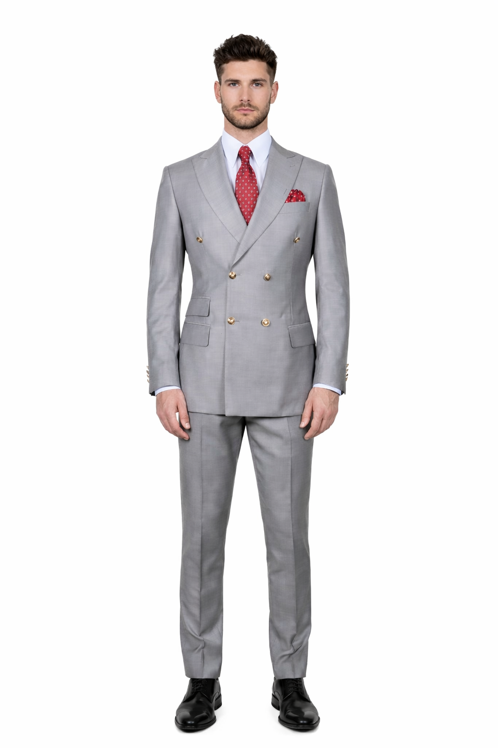 Mens Double breasted Suit - "Light Grey" 1920s 1980s Style Peak Lapel Suits -Â  Back Side VentedÂ  Mens Designer Modern Fit Double Breasted Wool Suit with Gold Buttons in Light Grey Grey Prom 2026 Suits