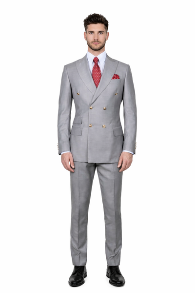 Mens Double breasted Suit - "Light Grey" 1920s 1980s Style Peak Lapel Suits -Â  Back Side VentedÂ  Mens Designer Modern Fit Double Breasted Wool Suit with Gold Buttons in Light Grey Grey Prom 2026 Suits