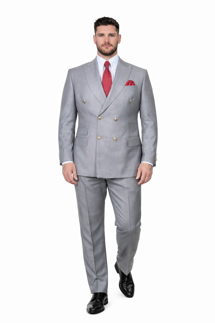 Mens Double breasted Suit - "Light Grey" 1920s 1980s Style Peak Lapel Suits -Â  Back Side VentedÂ  Mens Designer Modern Fit Double Breasted Wool Suit with Gold Buttons in Light Grey Grey Prom 2026 Suits