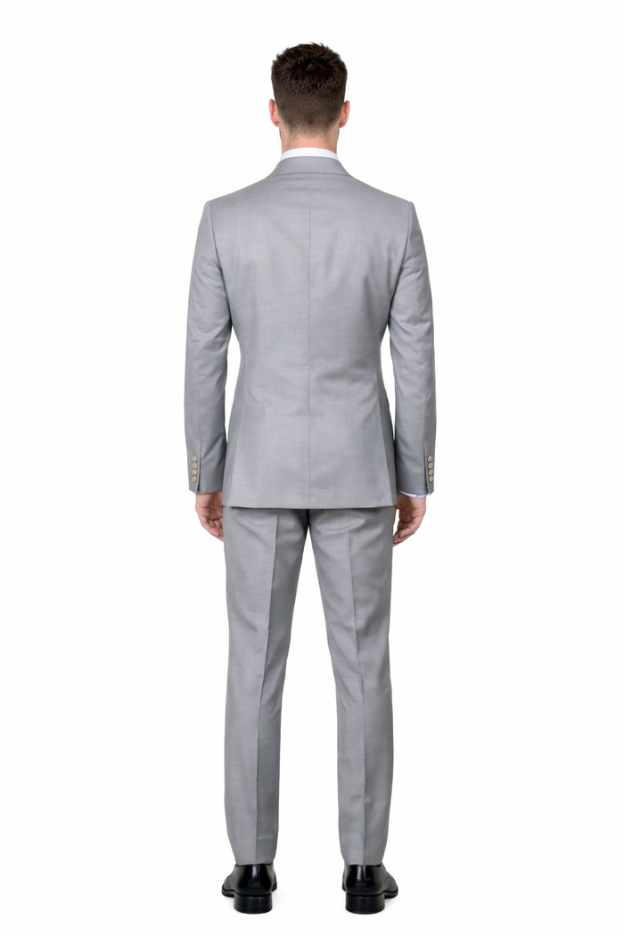 Mens Double breasted Suit - "Light Grey" 1920s 1980s Style Peak Lapel Suits -Â  Back Side VentedÂ  Mens Designer Modern Fit Double Breasted Wool Suit with Gold Buttons in Light Grey Grey Prom 2026 Suits