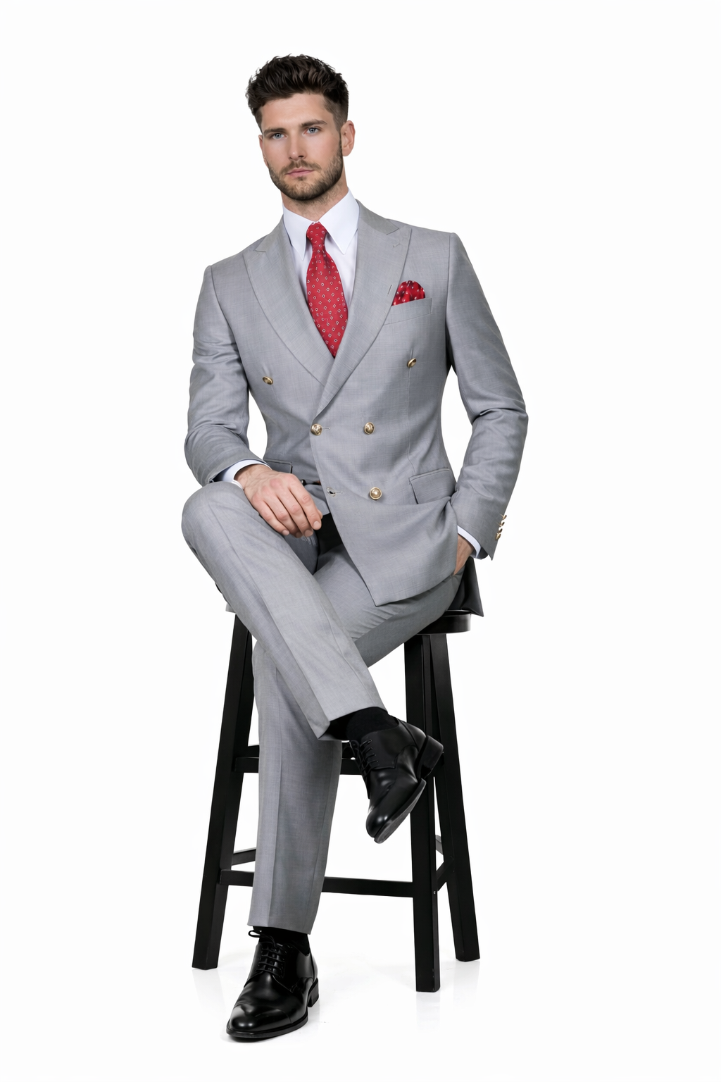 Mens Double breasted Suit - "Light Grey" 1920s 1980s Style Peak Lapel Suits -Â  Back Side VentedÂ  Mens Designer Modern Fit Double Breasted Wool Suit with Gold Buttons in Light Grey Grey Prom 2026 Suits