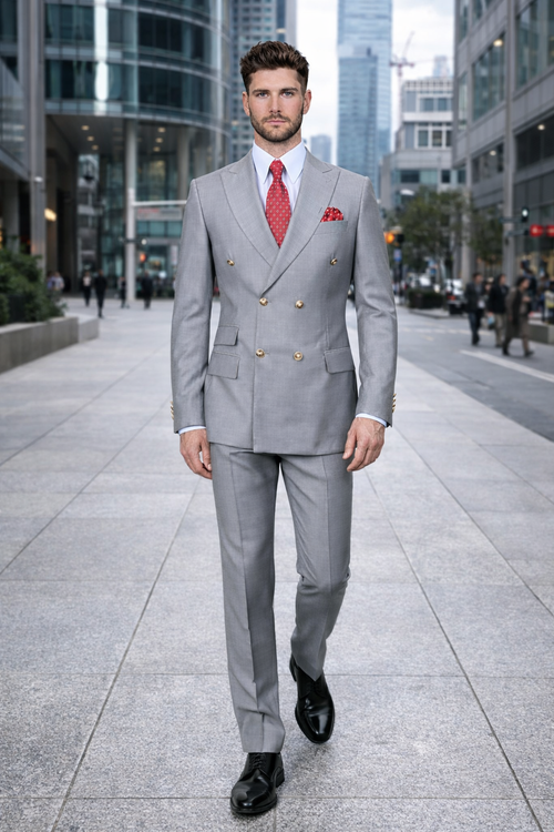 Mens Double breasted Suit - "Light Grey" 1920s 1980s Style Peak Lapel Suits -Â  Back Side VentedÂ  Mens Designer Modern Fit Double Breasted Wool Suit with Gold Buttons in Light Grey Grey Prom 2026 Suits