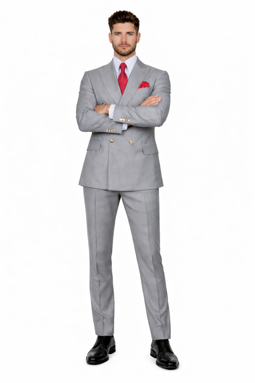 Mens Double breasted Suit - "Light Grey" 1920s 1980s Style Peak Lapel Suits -Â  Back Side VentedÂ  Mens Designer Modern Fit Double Breasted Wool Suit with Gold Buttons in Light Grey Grey Prom 2026 Suits