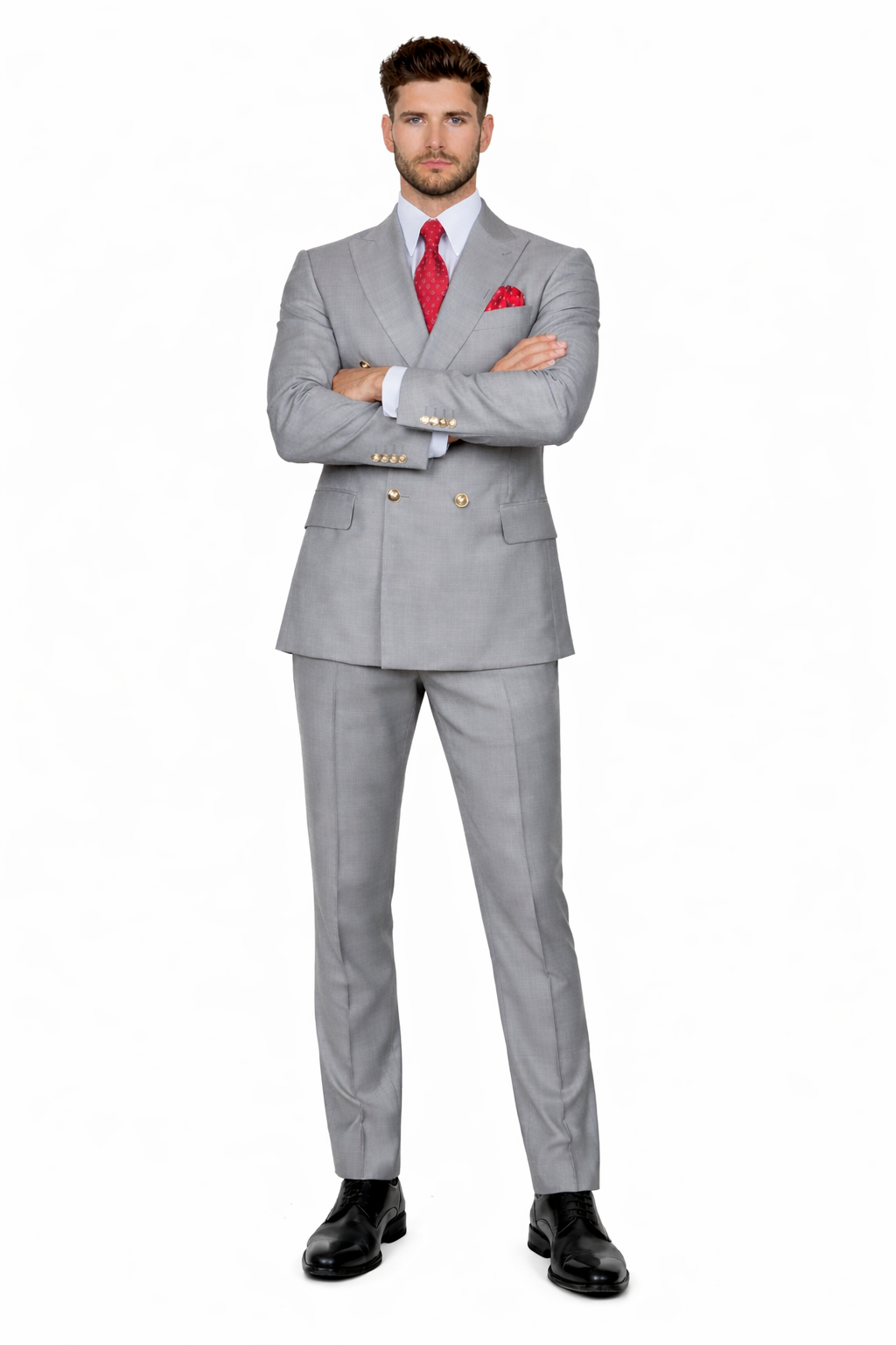 Mens Double breasted Suit - "Light Grey" 1920s 1980s Style Peak Lapel Suits -Â  Back Side VentedÂ  Mens Designer Modern Fit Double Breasted Wool Suit with Gold Buttons in Light Grey Grey Prom 2026 Suits
