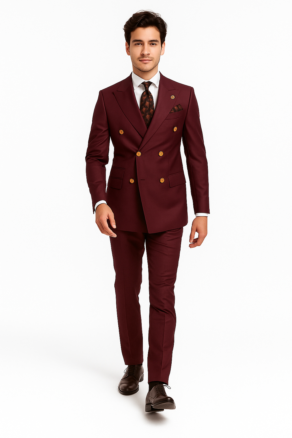 Mens Double breasted Suit - "Maroon" 1920s 1980s Style Peak Lapel Suits -  Back Side Vented  Mens Designer Modern Fit Double Breasted Wool Feel Suit- Designer Brand with Gold Buttons in Maroon - New Arrival - 36 Regular