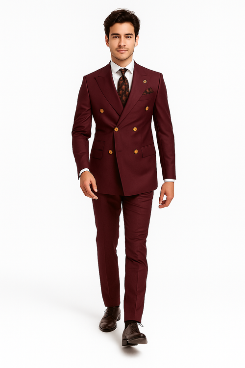 Mens Double breasted Suit - "Maroon" 1920s 1980s Style Peak Lapel Suits -Â  Back Side VentedÂ  Mens Designer Modern Fit Double Breasted Wool Feel Suit- Designer Brand with Gold Buttons in Maroon - New Arrival