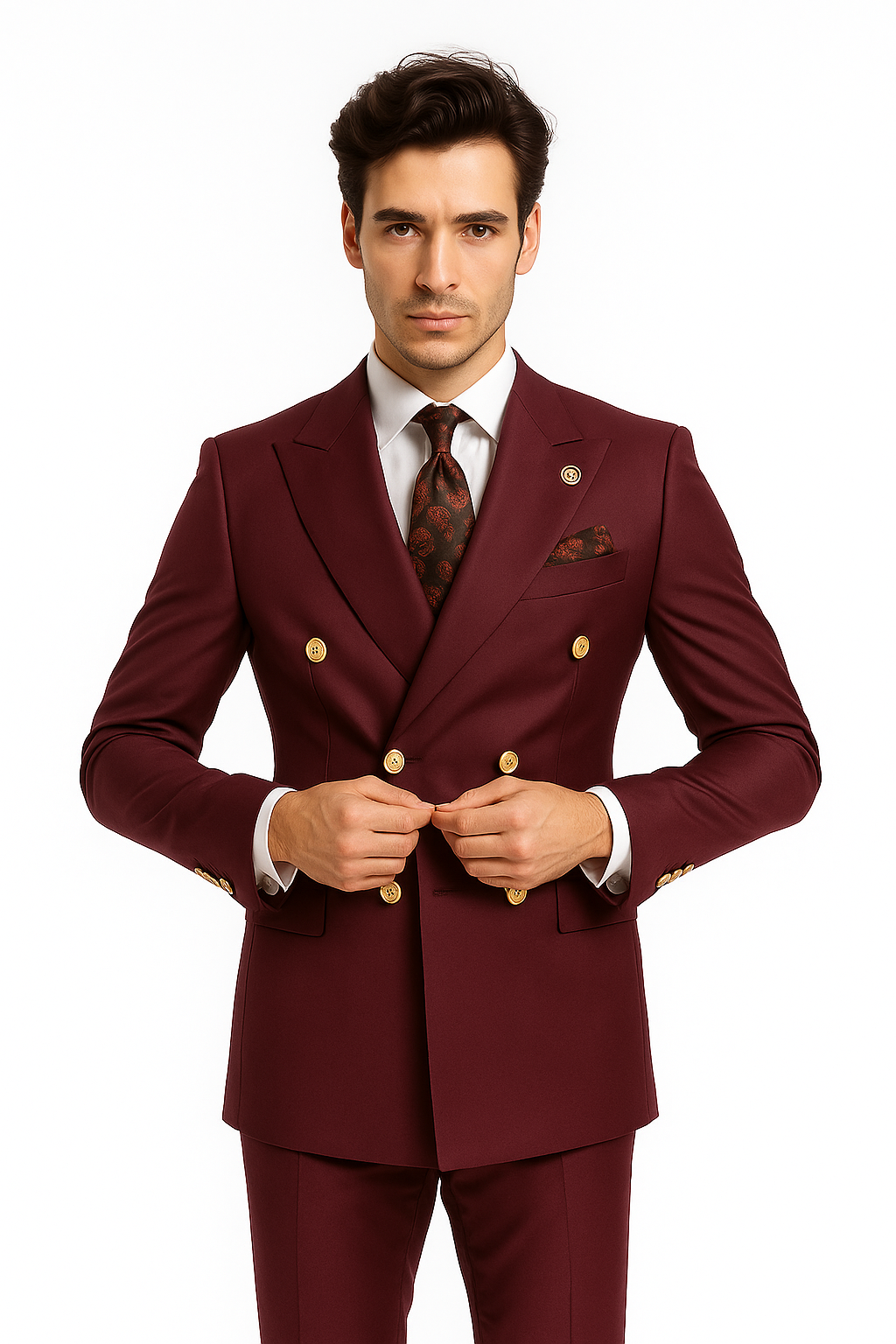 Mens Double breasted Suit - "Maroon" 1920s 1980s Style Peak Lapel Suits -  Back Side Vented  Mens Designer Modern Fit Double Breasted Wool Feel Suit- Designer Brand with Gold Buttons in Maroon - New Arrival - 36 Regular