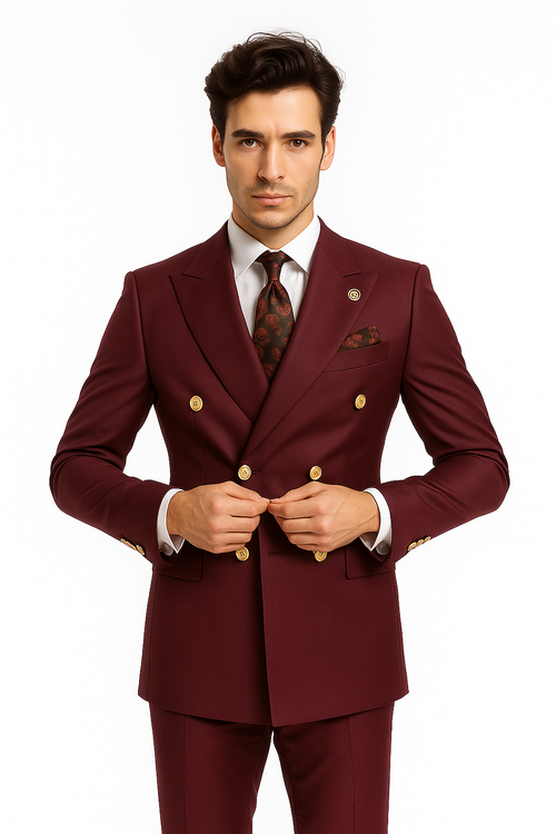 Mens Double breasted Suit - "Maroon" 1920s 1980s Style Peak Lapel Suits -Â  Back Side VentedÂ  Mens Designer Modern Fit Double Breasted Wool Feel Suit- Designer Brand with Gold Buttons in Maroon - New Arrival