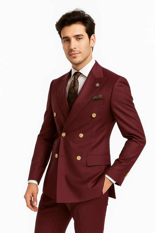Mens Double breasted Suit - "Maroon" 1920s 1980s Style Peak Lapel Suits -Â  Back Side VentedÂ  Mens Designer Modern Fit Double Breasted Wool Feel Suit- Designer Brand with Gold Buttons in Maroon - New Arrival