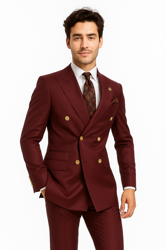 Mens Double breasted Suit - "Maroon" 1920s 1980s Style Peak Lapel Suits -Â  Back Side VentedÂ  Mens Designer Modern Fit Double Breasted Wool Feel Suit- Designer Brand with Gold Buttons in Maroon - New Arrival