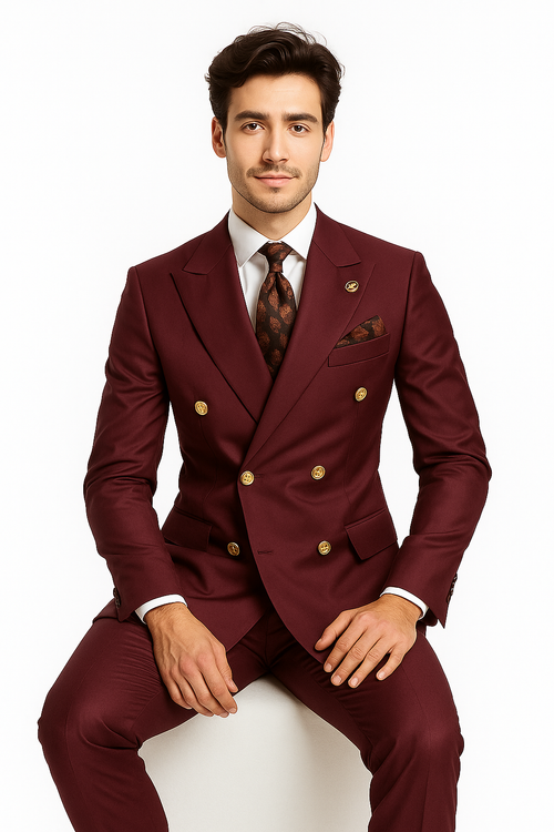 Mens Double breasted Suit - "Maroon" 1920s 1980s Style Peak Lapel Suits -Â  Back Side VentedÂ  Mens Designer Modern Fit Double Breasted Wool Feel Suit- Designer Brand with Gold Buttons in Maroon - New Arrival