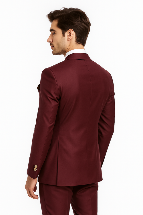 Mens Double breasted Suit - "Maroon" 1920s 1980s Style Peak Lapel Suits -Â  Back Side VentedÂ  Mens Designer Modern Fit Double Breasted Wool Feel Suit- Designer Brand with Gold Buttons in Maroon - New Arrival