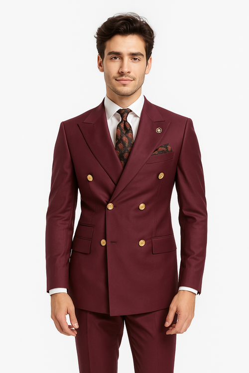 Mens Double breasted Suit - "Maroon" 1920s 1980s Style Peak Lapel Suits -Â  Back Side VentedÂ  Mens Designer Modern Fit Double Breasted Wool Feel Suit- Designer Brand with Gold Buttons in Maroon - New Arrival