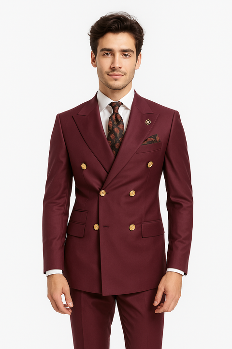 Mens Double breasted Suit - "Maroon" 1920s 1980s Style Peak Lapel Suits -  Back Side Vented  Mens Designer Modern Fit Double Breasted Wool Feel Suit- Designer Brand with Gold Buttons in Maroon - New Arrival