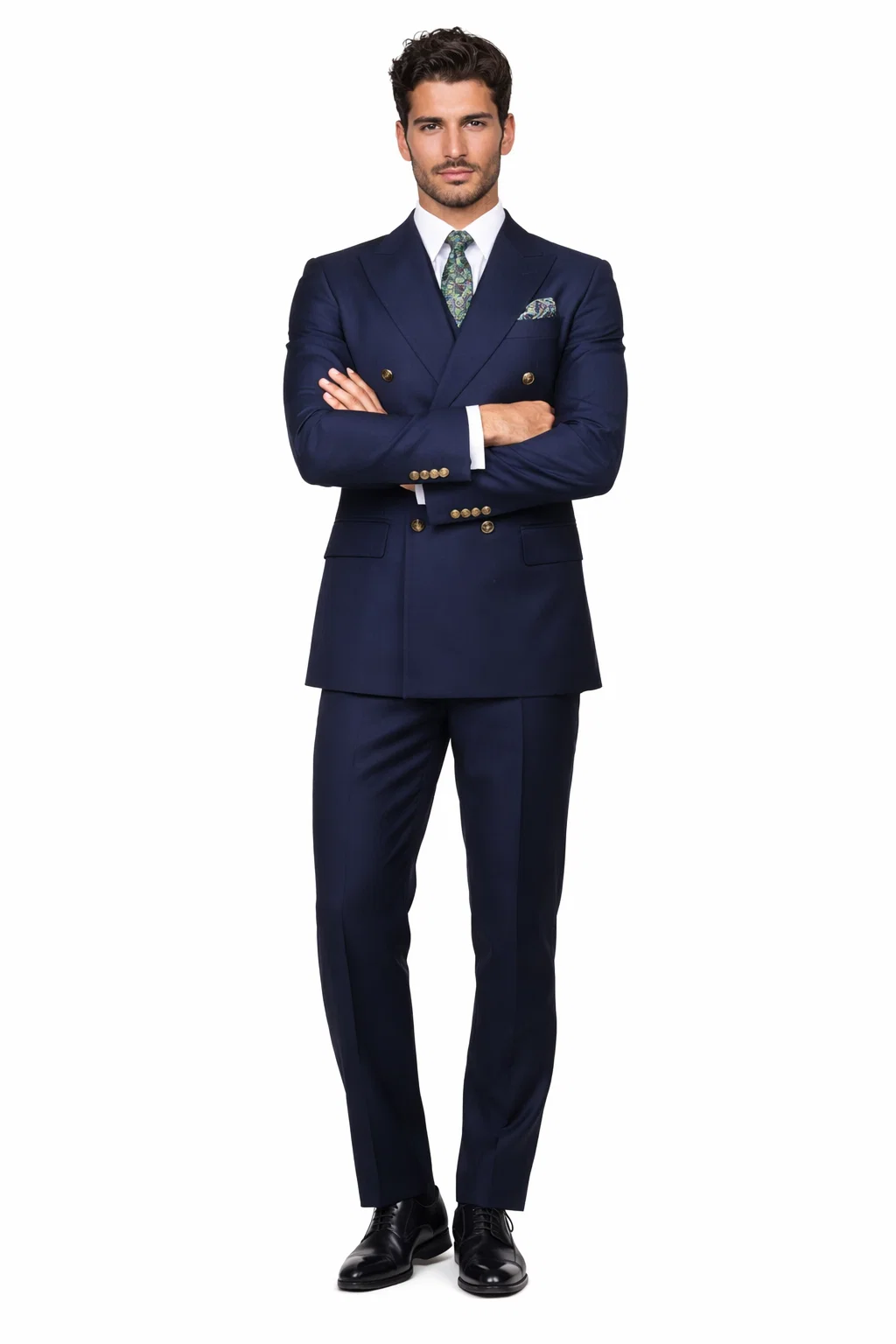 Mens Double breasted Suit - "Navy" 1920s 1980s Style Peak Lapel Suits -  Back Side Vented  Mens Designer Modern Fit Double Breasted Wool Suit with Gold Buttons in Navy - 36 Regular