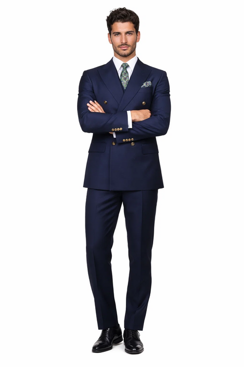 Mens Double breasted Suit - "Navy" 1920s 1980s Style Peak Lapel Suits -Â  Back Side VentedÂ  Mens Designer Modern Fit Double Breasted Wool Suit with Gold Buttons in Navy