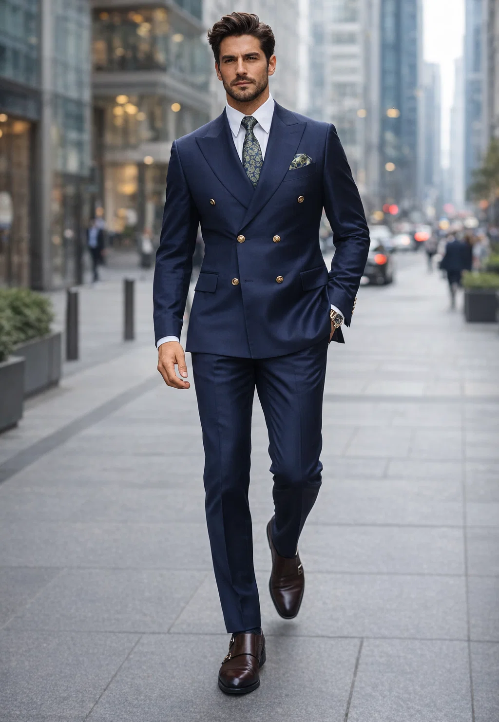 Mens Double breasted Suit - "Navy" 1920s 1980s Style Peak Lapel Suits -  Back Side Vented  Mens Designer Modern Fit Double Breasted Wool Suit with Gold Buttons in Navy - 36 Regular