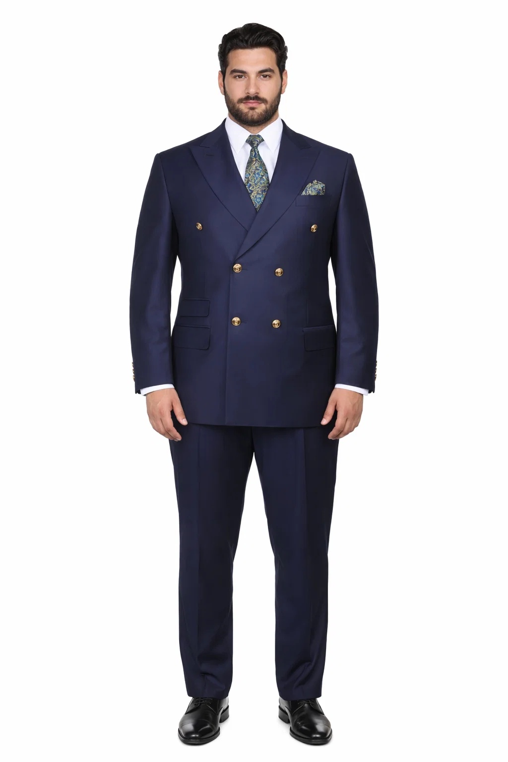 Mens Double breasted Suit - "Navy" 1920s 1980s Style Peak Lapel Suits -  Back Side Vented  Mens Designer Modern Fit Double Breasted Wool Suit with Gold Buttons in Navy - 36 Regular