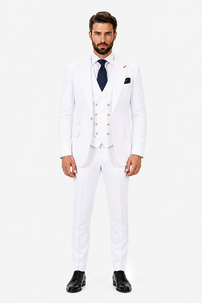 Men's White Statement Ticket Pocket Peak Lapel Wool Double Breasted Vest Suit with Gold Buttons – Modern Fit