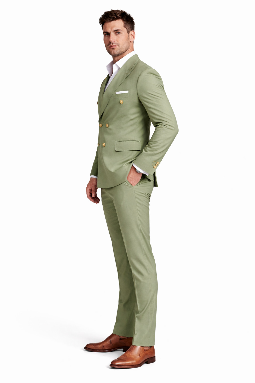 Mens Double Breasted Suits - Green Suit-New Designer Collection - 38 Short Jacket+32 Waist Adjustable 28to34)(Height: 5 4 to5 7 )(Neck  15-16.5)S-M)