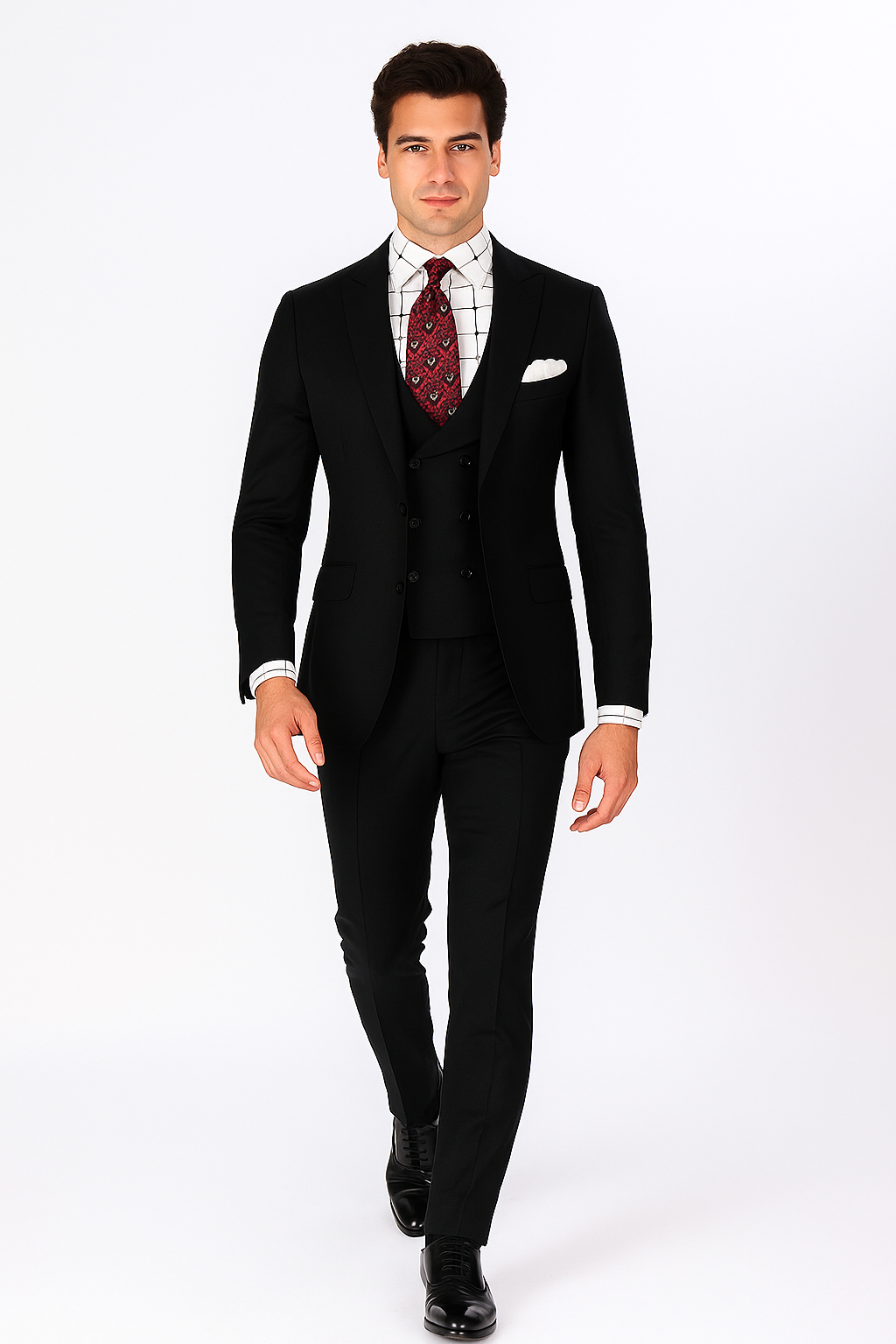 Men's Double Breasted Vest with Wide Peak Lapel Black Suit - New Arrival - 38 Regular