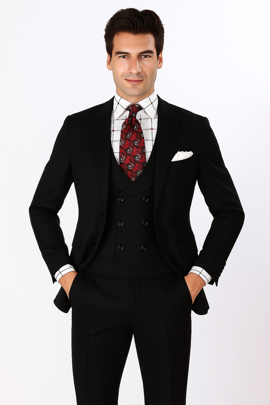 Men's Double Breasted Vest with Wide Peak Lapel Black Suit - New Arrival - 38 Regular