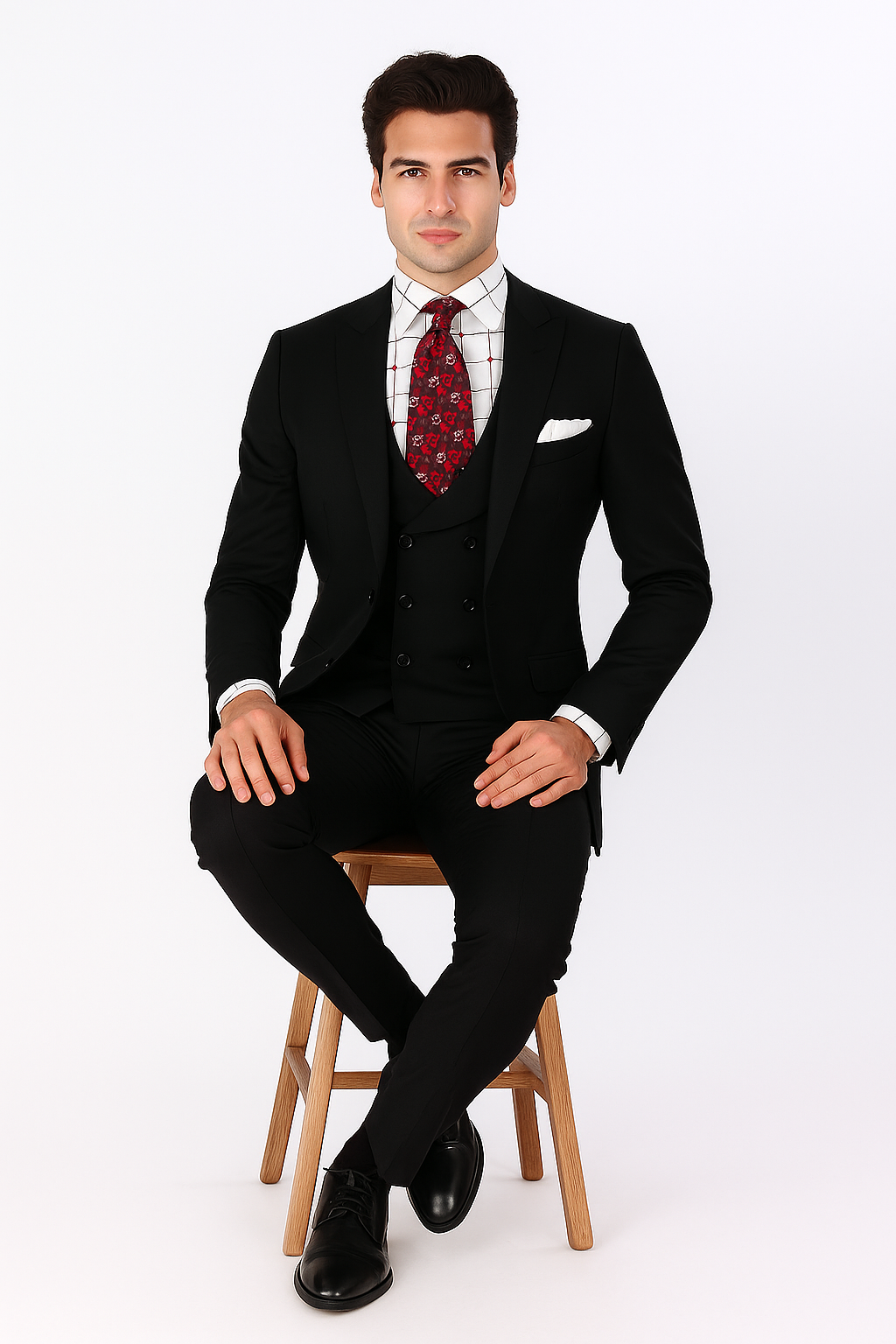 Men's Double Breasted Vest with Wide Peak Lapel Black Suit - New Arrival - 38 Regular