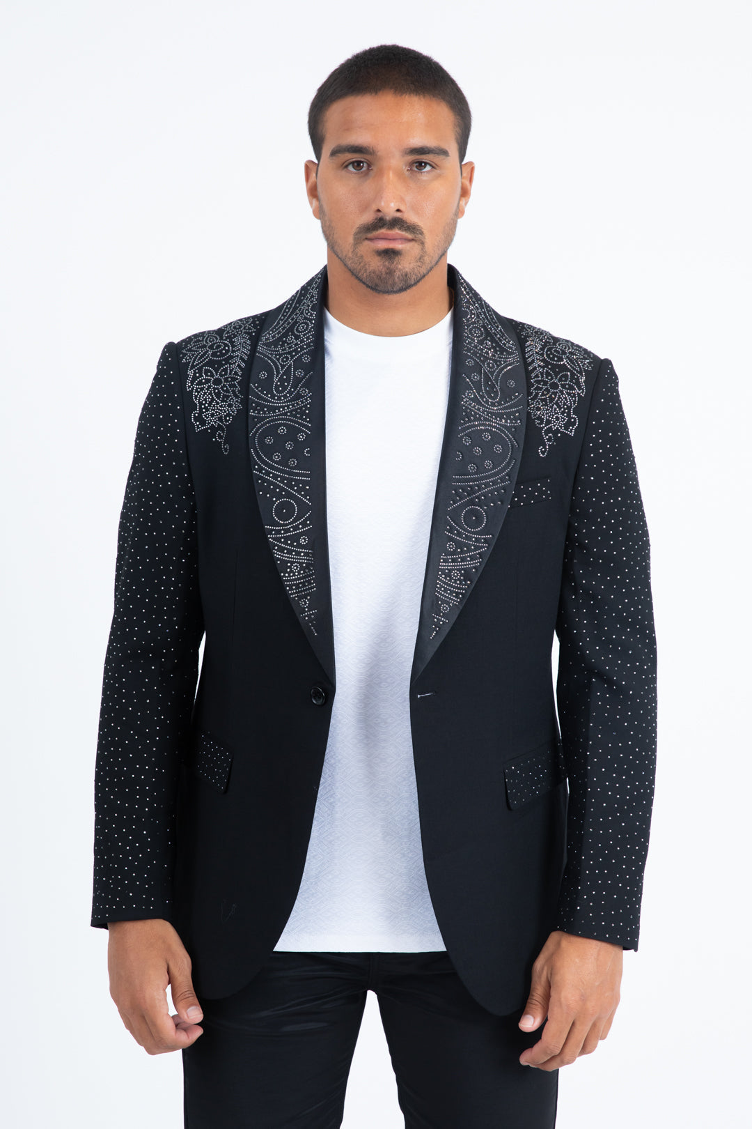 Men’s Black Sparkle Rhinestone Blazer – Slim Fit Double Button Coat - S