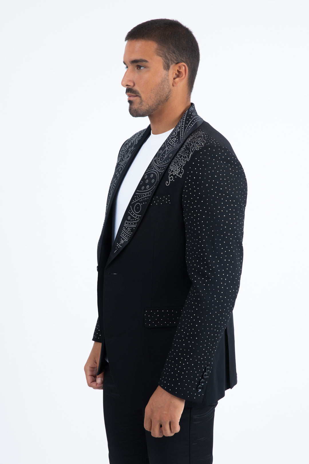 Men’s Black Sparkle Rhinestone Blazer – Slim Fit Double Button Coat - S
