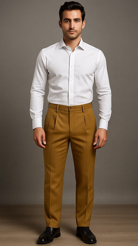 Mens Double Pleated Trousers - Double Pleated Dress Pants - Slacks Gold - dress size pants : 28 Unfinished bottom