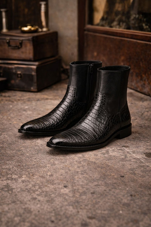 Mens Dress Ankle Boots Los Altos Boots Short Cowboy Boot - Western Ankle Boots Exotic Skin + Black + Skin Type-New Designer Collection