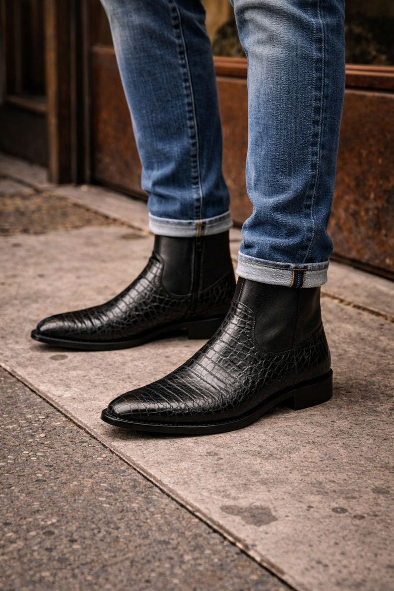 Mens Dress Ankle Boots Los Altos Boots Short Cowboy Boot - Western Ankle Boots Exotic Skin + Black + Skin Type-New Designer Collection - US 8.0 Standard/D/ Medium / Eu:41-42