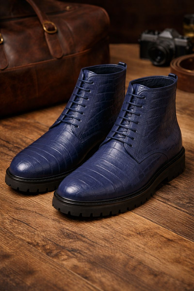 Mens Dress Ankle Boots Los Altos Boots Short Cowboy Boot - Western Ankle Boots Exotic Skin + Navy + Skin Type-New Designer Collection - US 8.0 Standard/D/ Medium / Eu:41-42