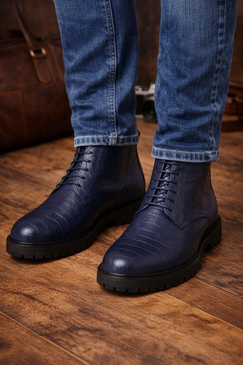 Mens Dress Ankle Boots Los Altos Boots Short Cowboy Boot - Western Ankle Boots Exotic Skin + Navy + Skin Type-New Designer Collection - US 8.0 Standard/D/ Medium / Eu:41-42