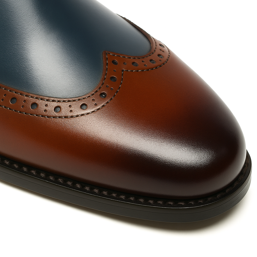 Mens Leather Wingtip Monk Strap Dress Shoe in Brown & Navy - 7.5