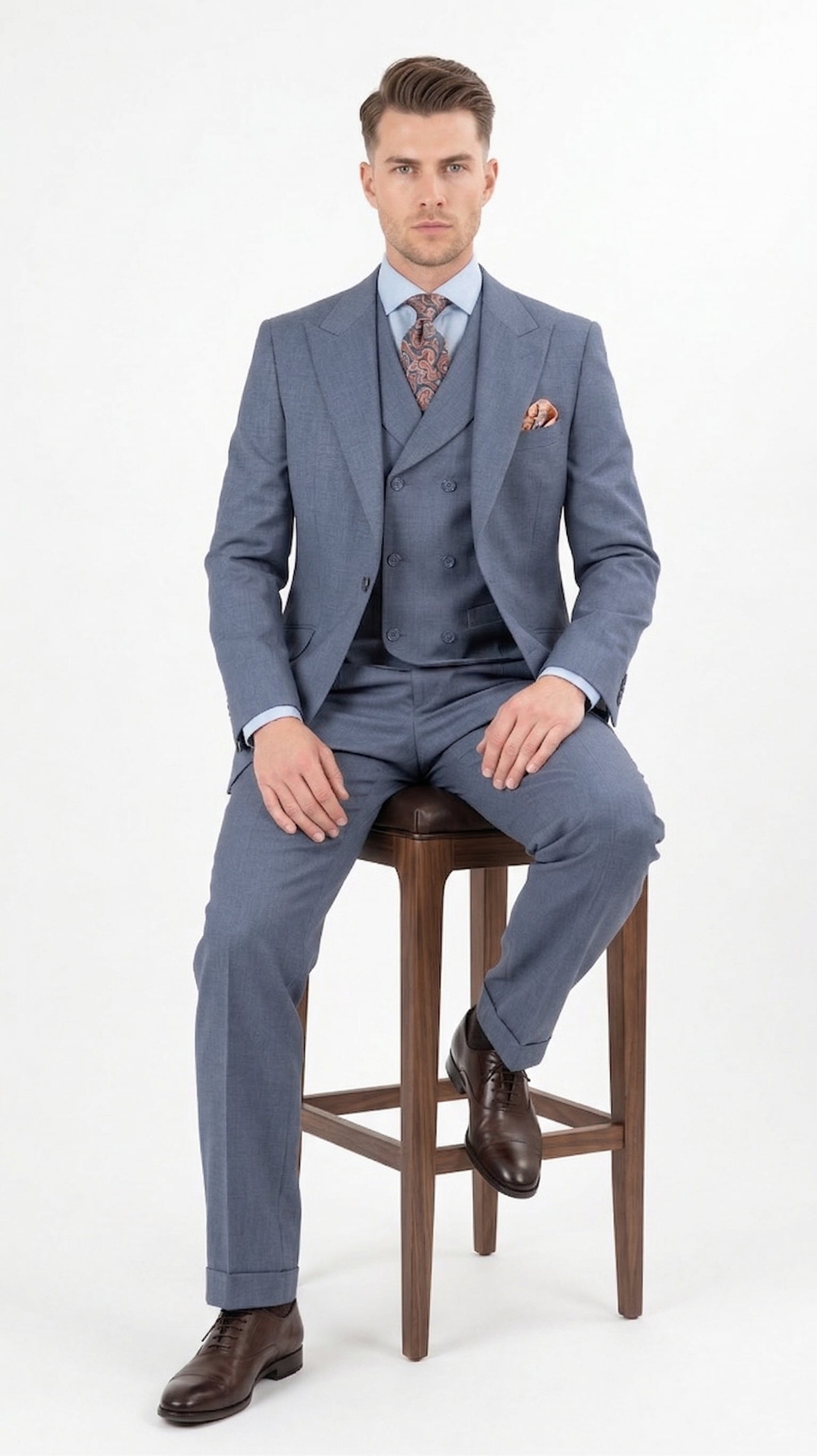Mens Dusty Blue 3 Piece Suit 100% Wool Fabric – Classic Fit Wide Leg Pleated Pants Double Breasted Vest Formal Business Church Suit By Apollo King - 34 Short or Extra Small