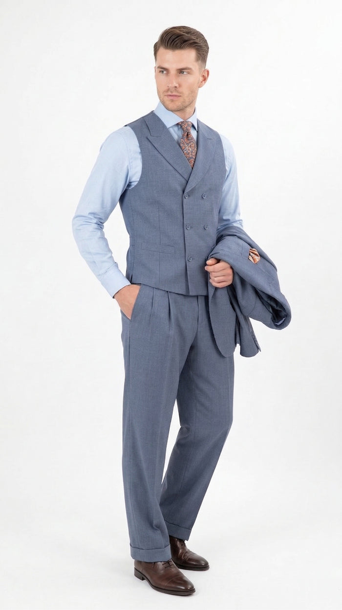 Mens Dusty Blue 3 Piece Suit 100% Wool Fabric – Classic Fit Wide Leg Pleated Pants Double Breasted Vest Formal Business Church Suit By Apollo King