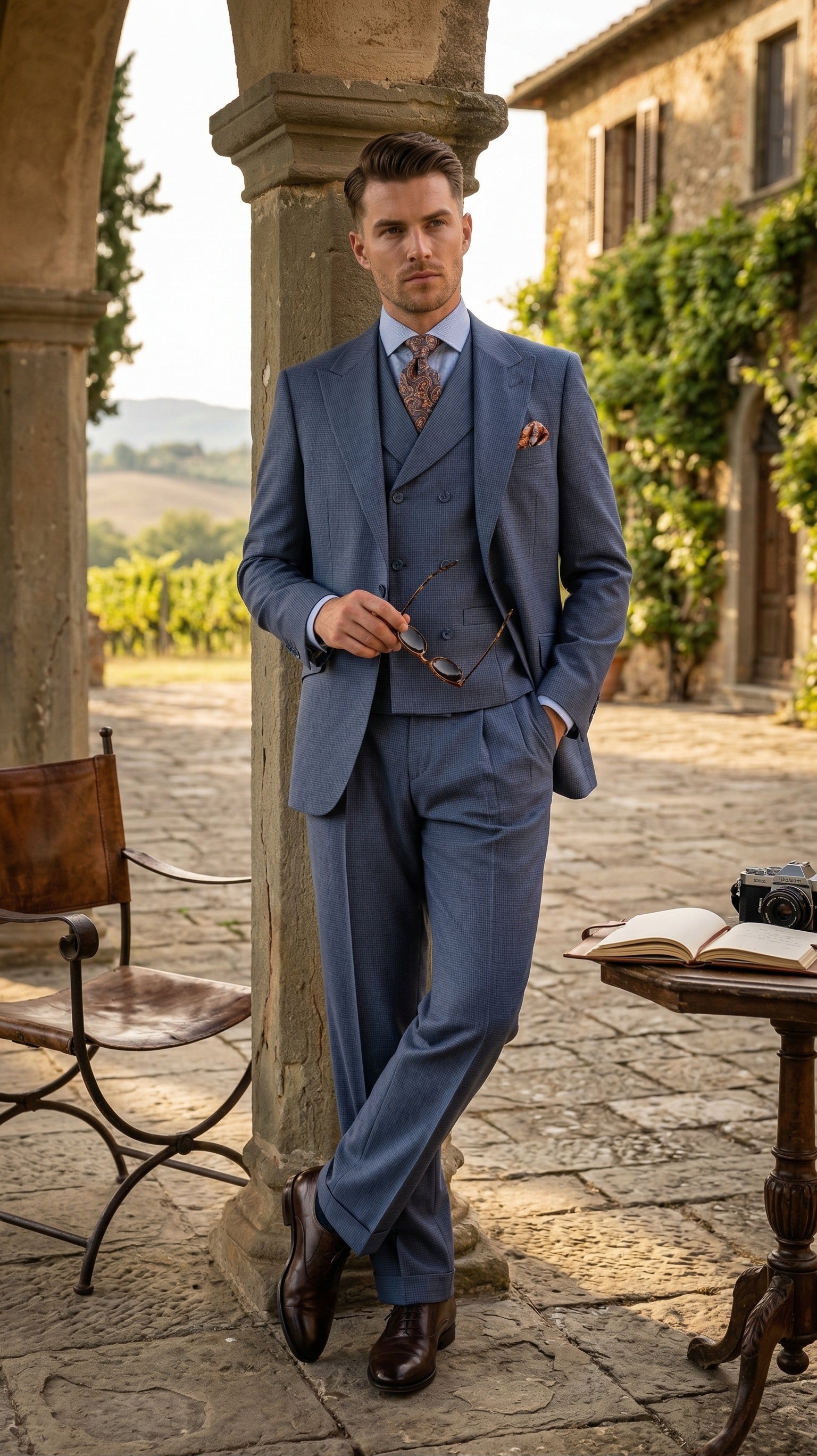 Men's Dusty Blue 3 Piece Suit 100% Wool Fabric – Classic Fit Wide Leg Pleated Pants Double Breasted Vest Formal Business Church Apollo King 34 Short