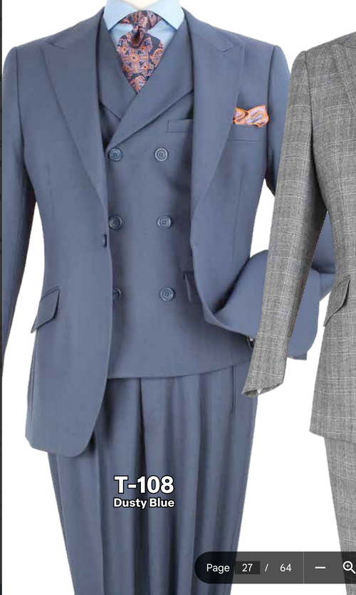Mens Dusty Blue 3 Piece Suit 100% Wool Fabric – Classic Fit Wide Leg Pleated Pants Double Breasted Vest Formal Business Church Suit By Apollo King