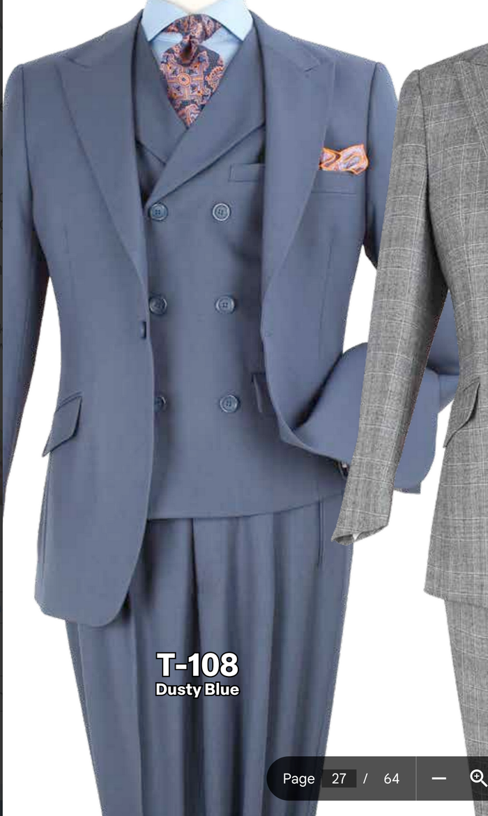 Mens Dusty Blue 3 Piece Suit 100% Wool Fabric – Classic Fit Wide Leg Pleated Pants Double Breasted Vest Formal Business Church Suit By Apollo King